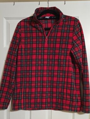 Lands' End Red Plaid Quarter-Zip Fleece Pullover